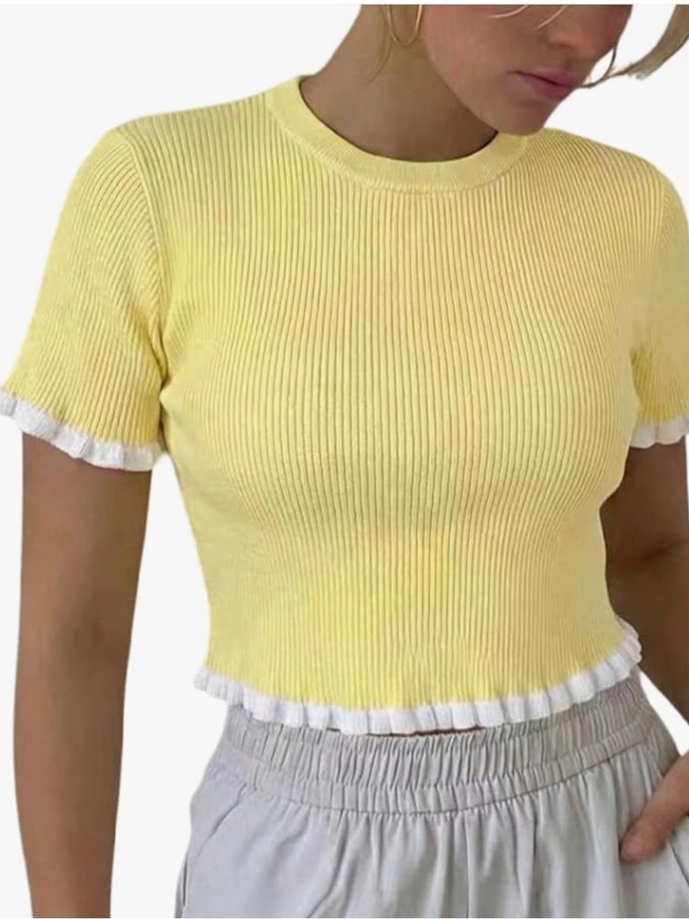 VICI Pale Yellow Ribbed Scallop-Edge Crop Top